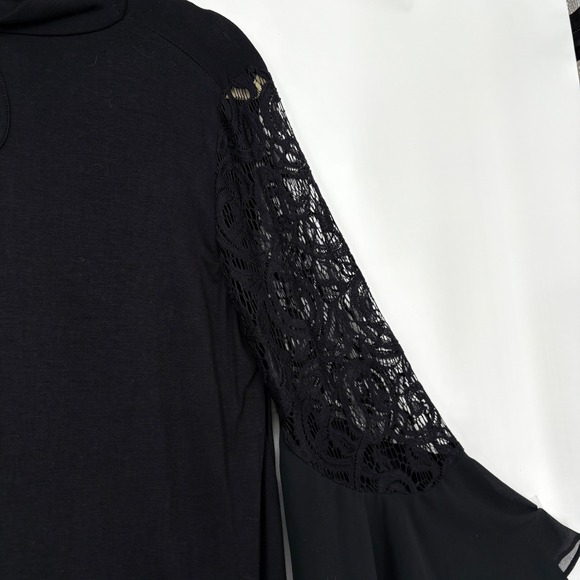 NWT L Joseph A Black Mock Neck Keyhole Bell Sleeve Lace Detail Blouse Top Dressy - Picture 5 of 13